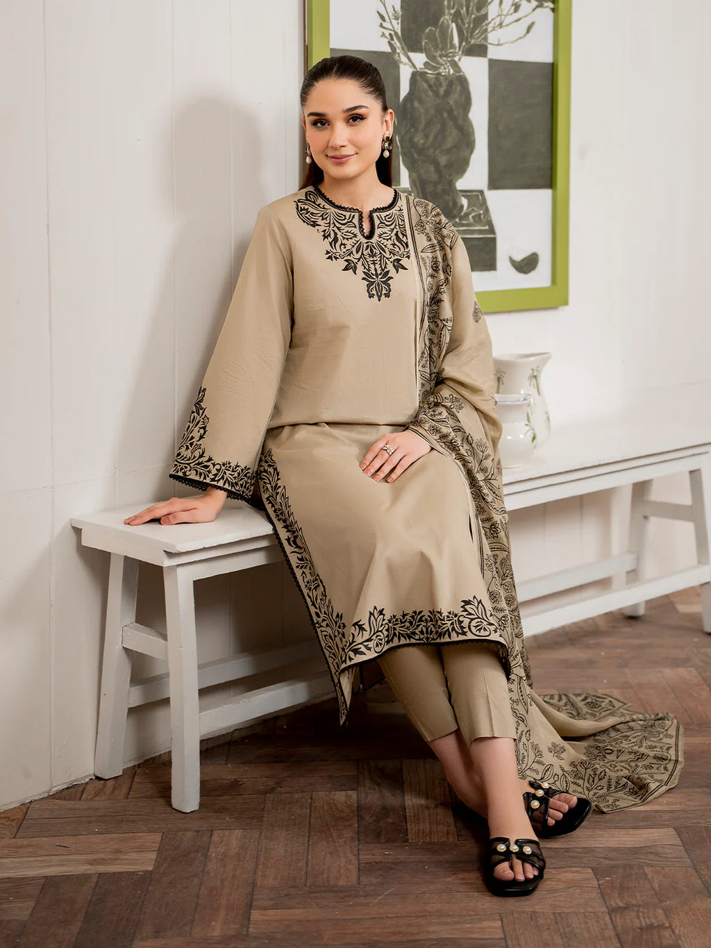 GARNET-3PC DHANAK EMBROIDERED SHIRT WITH COUTRAI PRINT SHAWL AND TROUSER