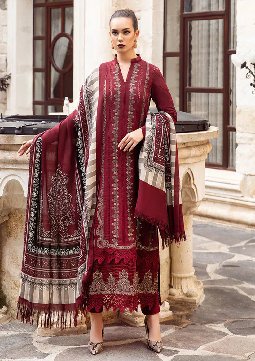 Maria B - 3PC Unstitched Dhanak Embroidered Shirt with Printed Wool Shawl and Trouser (RB-117)