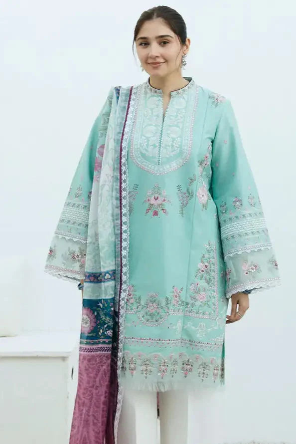ZARA SHAH JAHAN - 3PC DHANAK EMBROIDERED SHIRT WITH PRINTED SHAWL AND PLAIN TROUSER
