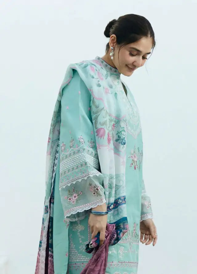 ZARA SHAH JAHAN - 3PC DHANAK EMBROIDERED SHIRT WITH PRINTED SHAWL AND PLAIN TROUSER