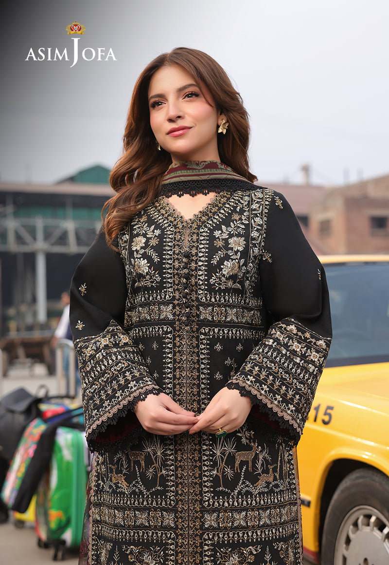 ASIM jOFA UNSTITCHED DHANAK EMBROIDERED 3PC WITH PRINTED SHAWL & PLAIN TROUSER