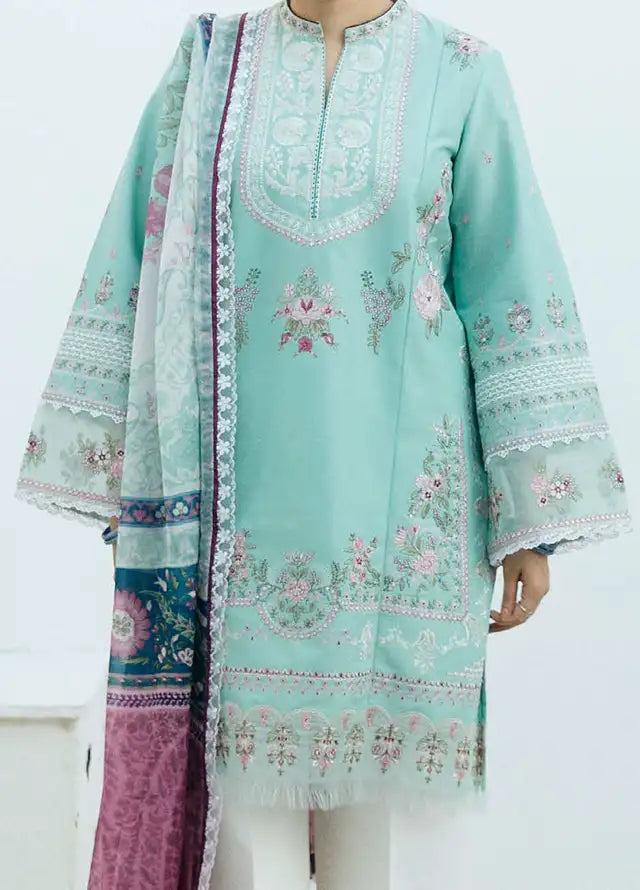 ZARA SHAH JAHAN - 3PC DHANAK EMBROIDERED SHIRT WITH PRINTED SHAWL AND PLAIN TROUSER