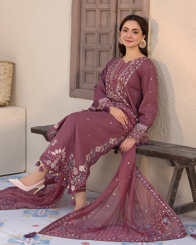 ALLY’S  Unstitched Dhanak 3PC With Embroidered Shawl