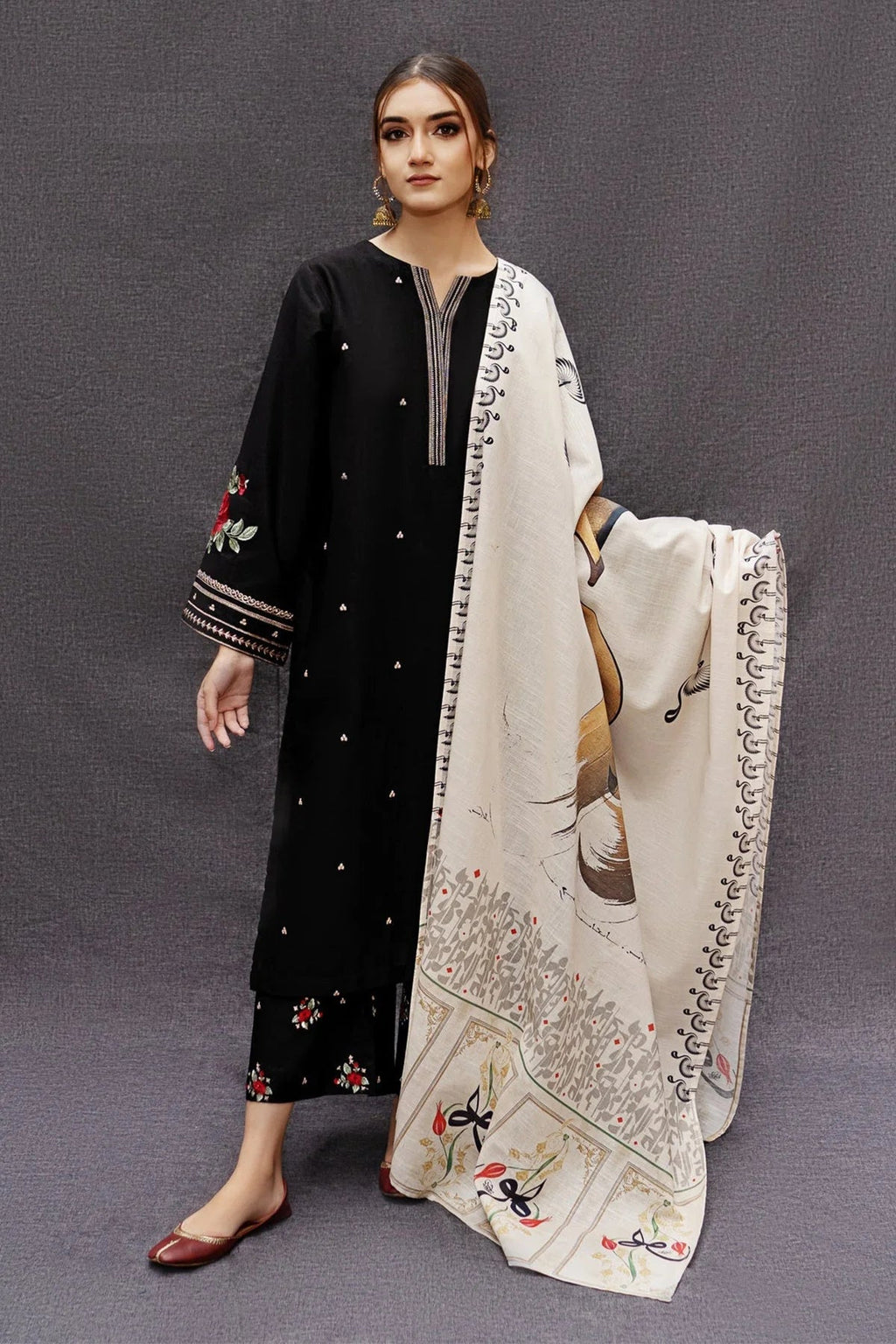 URGE-3PC DHANAK EMBROIDERED SHIRT WITH COUTRAI PRINTED SHAWL AND EMB TROUSER (SYT-211)