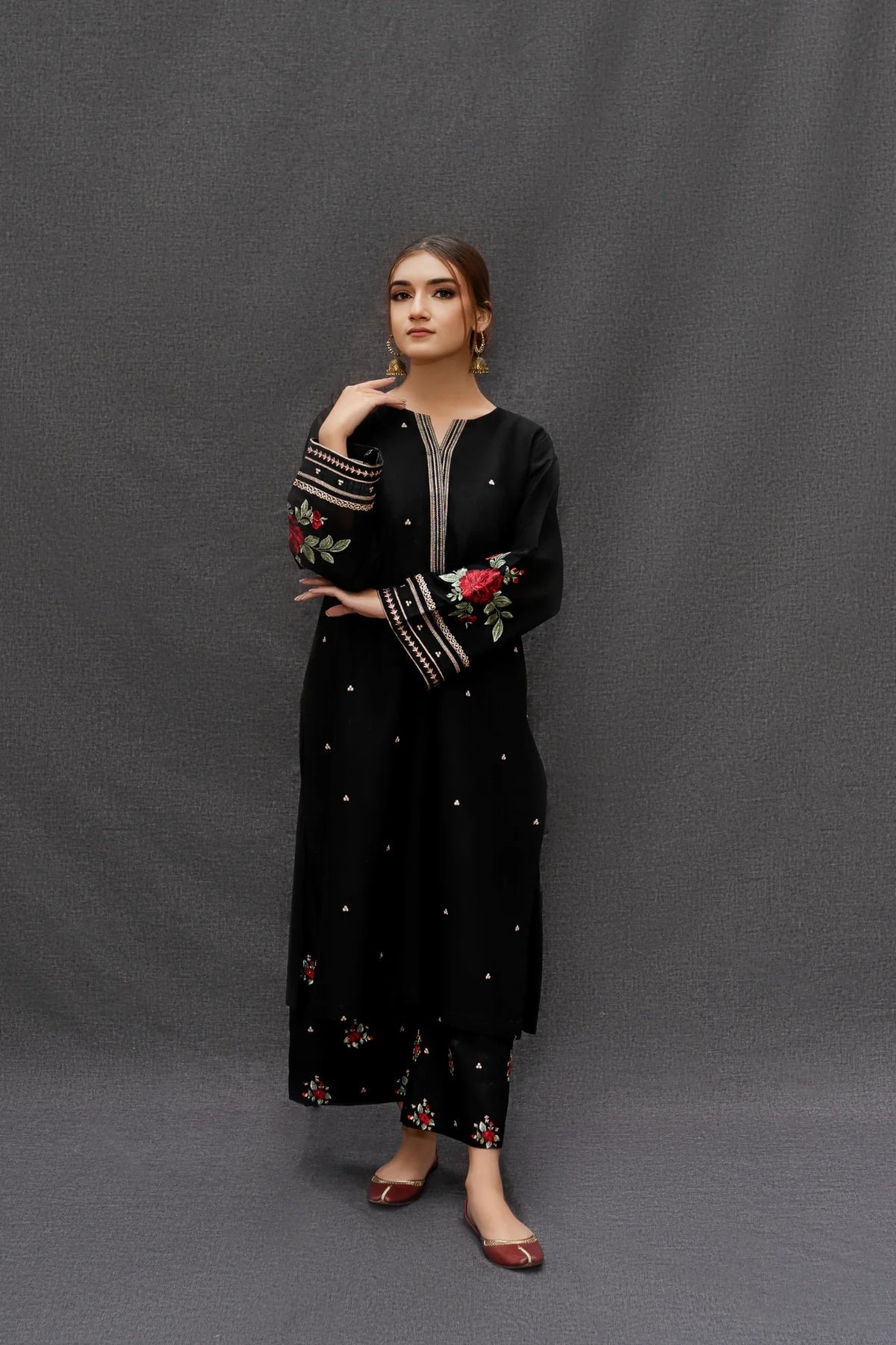 URGE-3PC DHANAK EMBROIDERED SHIRT WITH COUTRAI PRINTED SHAWL AND EMB TROUSER (SYT-211)