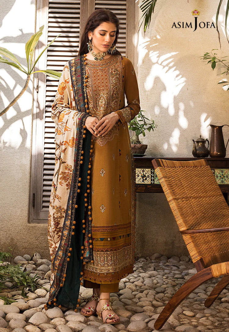 ASIM JOFA-3PC DHANAK EMBROIDERED SHIRT WITH COURTRAI PRINTED SHAWL & TROUSR (SYT-212)