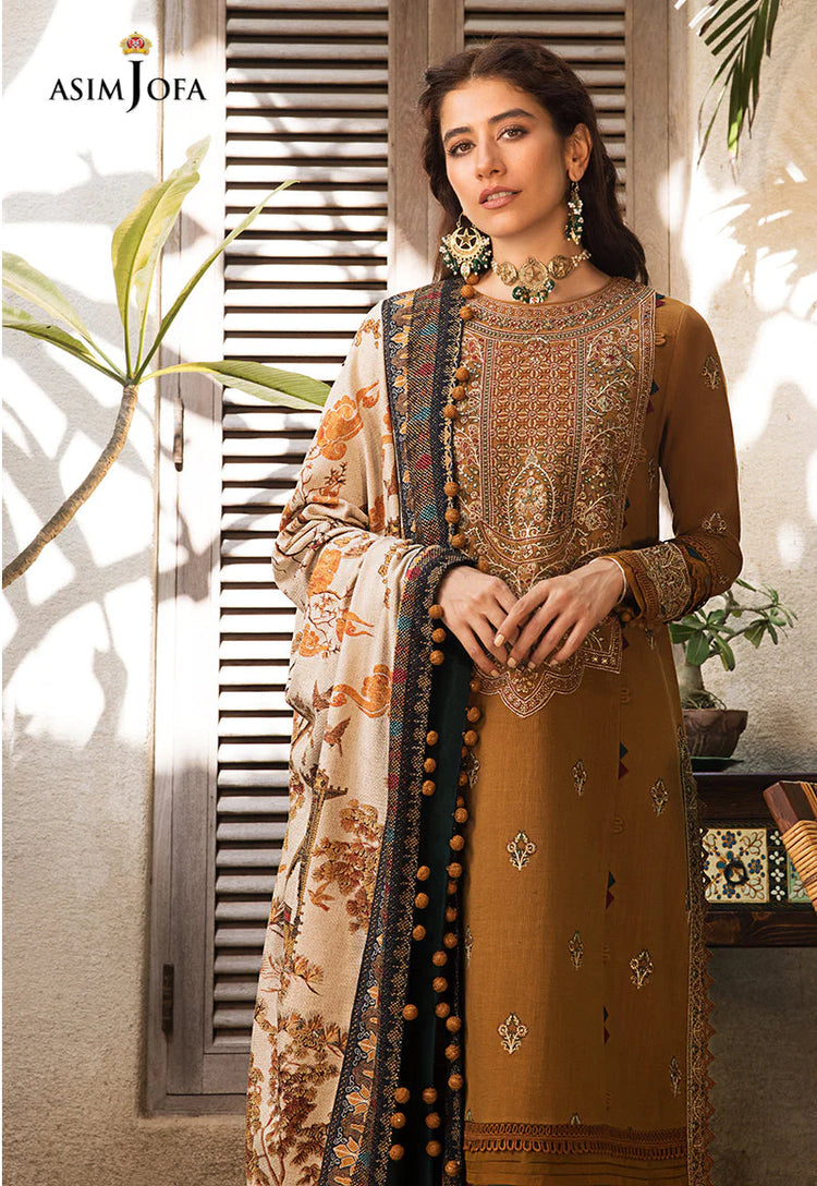 ASIM JOFA-3PC DHANAK EMBROIDERED SHIRT WITH COURTRAI PRINTED SHAWL & TROUSR (SYT-212)