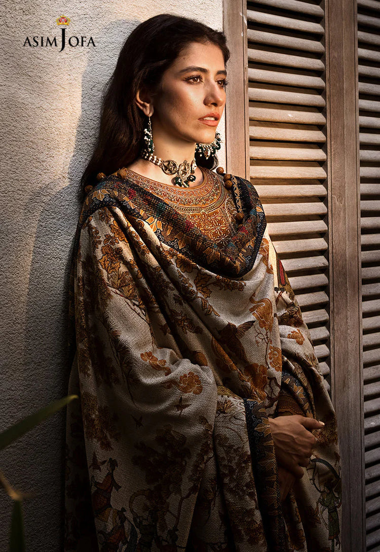 ASIM JOFA-3PC DHANAK EMBROIDERED SHIRT WITH COURTRAI PRINTED SHAWL & TROUSR (SYT-212)