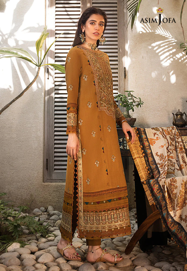 ASIM JOFA-3PC DHANAK EMBROIDERED SHIRT WITH COURTRAI PRINTED SHAWL & TROUSR (SYT-212)