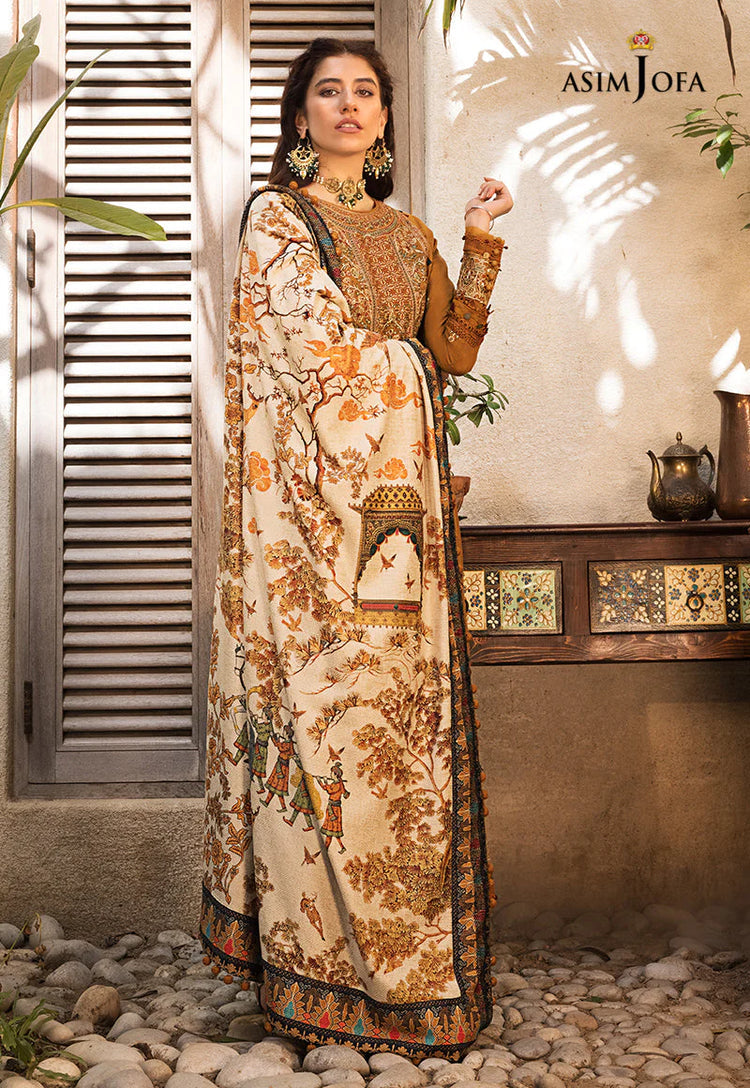 ASIM JOFA-3PC DHANAK EMBROIDERED SHIRT WITH COURTRAI PRINTED SHAWL & TROUSR (SYT-212)