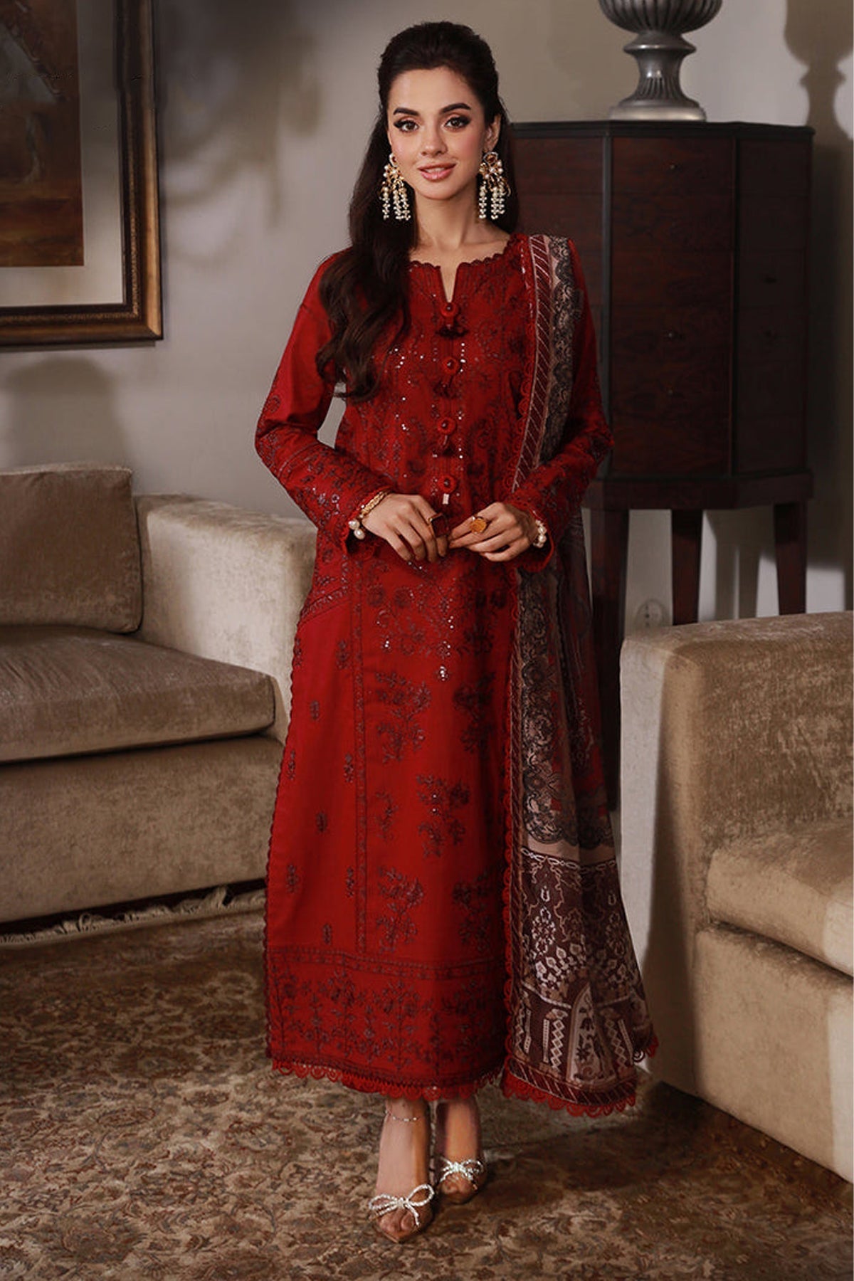ASIM JOFA-3PC DHANAK SEQUIN EMBROIDRED SHIRT WITH COTRAI PRINTED SHAWL AND TROUSER (SYT-213)