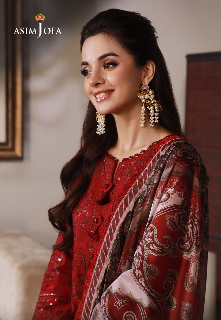 ASIM JOFA-3PC DHANAK SEQUIN EMBROIDRED SHIRT WITH COTRAI PRINTED SHAWL AND TROUSER (SYT-213)