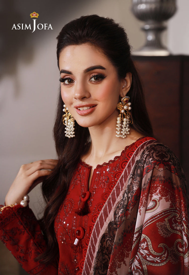 ASIM JOFA-3PC DHANAK SEQUIN EMBROIDRED SHIRT WITH COTRAI PRINTED SHAWL AND TROUSER (SYT-213)