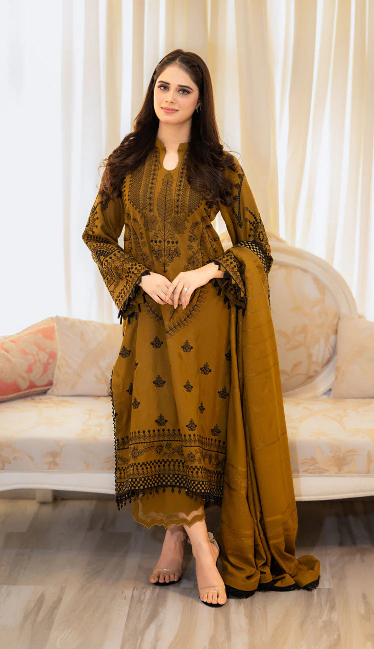 LIBAAS-3PC DHANAK EMBROIDERED SHIRT WITH DHANAK EMBROIDERED SHAWL & EMB TROUSER (UNSTITCHED)