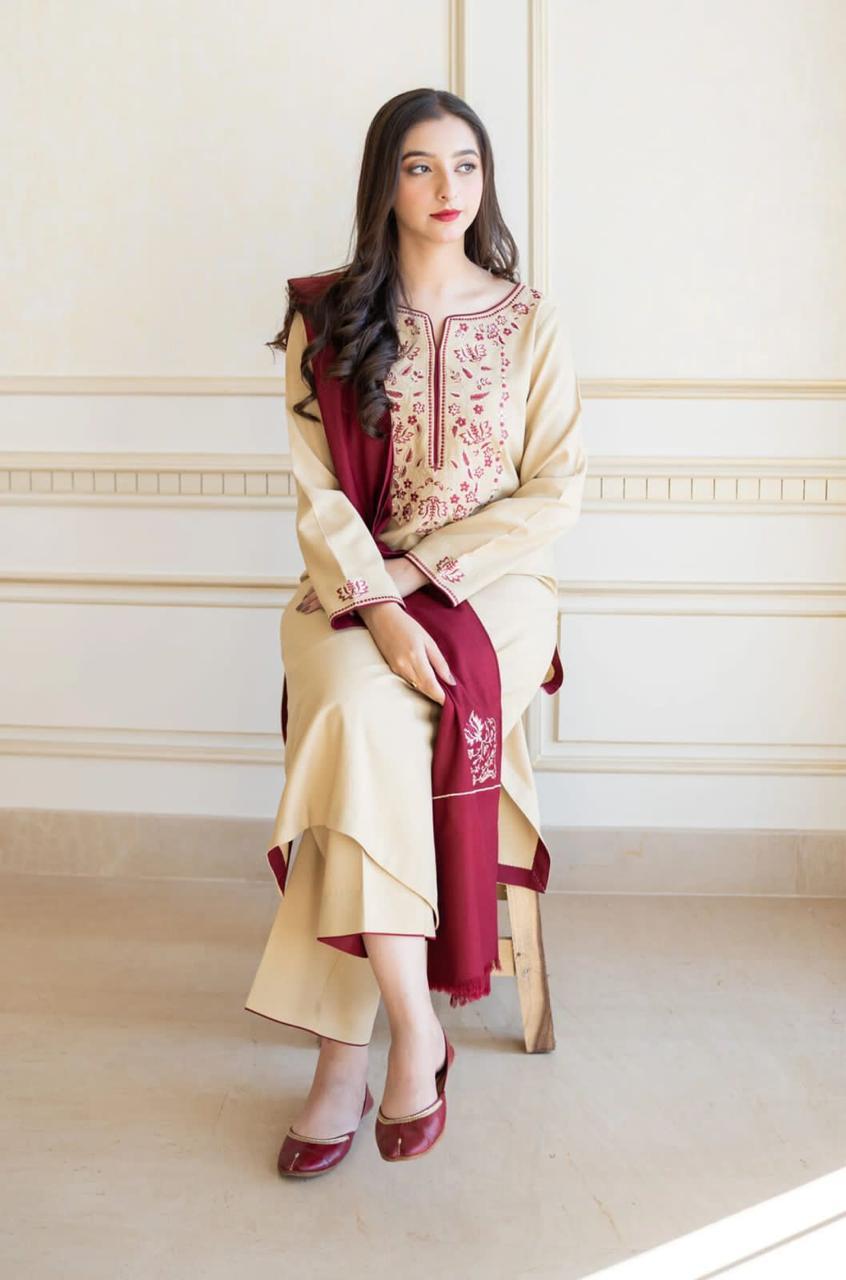 Aisling - 3PC Unstitched Dhanak Embroidered Shirt with Dhanak Embroidered Shawl and Trouser