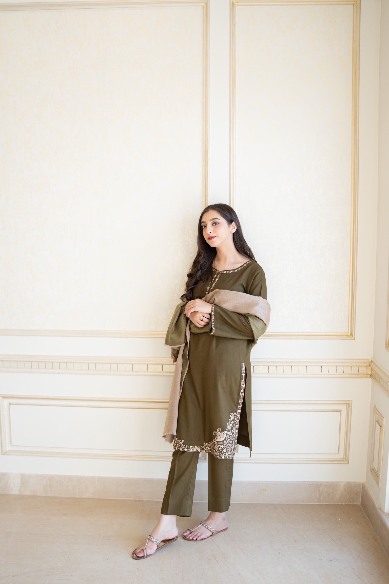 Aisling - 3PC Unstitched Dhanak Embroidered Shirt with Dhanak Shawl and Trouser