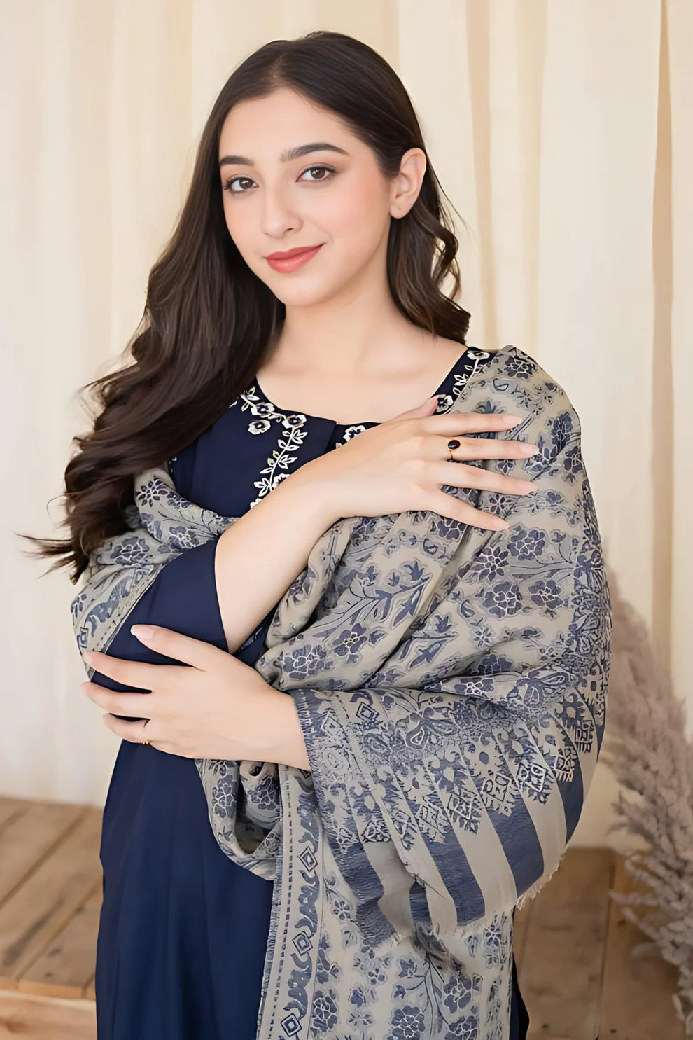 Aisling - 3PC Unstitched Dhanak Embroidered Shirt with Dhanak Shawl and Trouser