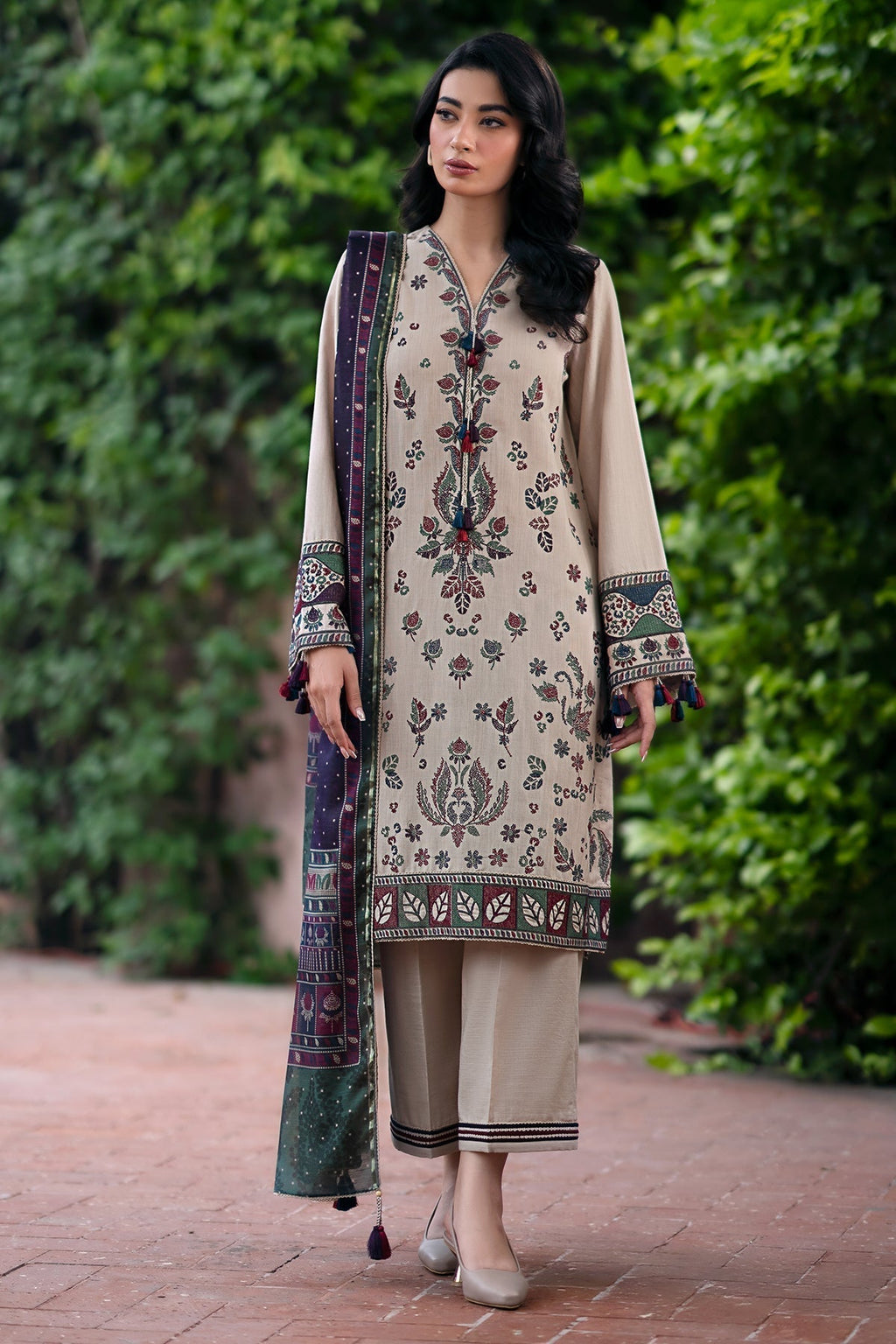 JAZMIN - 3PC DHANAK EMBROIDERED SHIRT WITH COTRAI WOOL PRINTED SHAWL AND TROUSER (Unstitched)