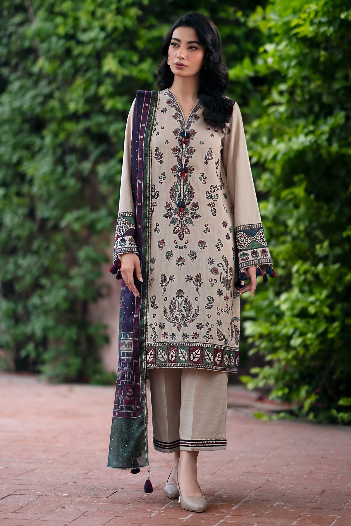 JAZMIN - 3PC DHANAK EMBROIDERED SHIRT WITH COTRAI WOOL PRINTED SHAWL AND TROUSER (Unstitched)