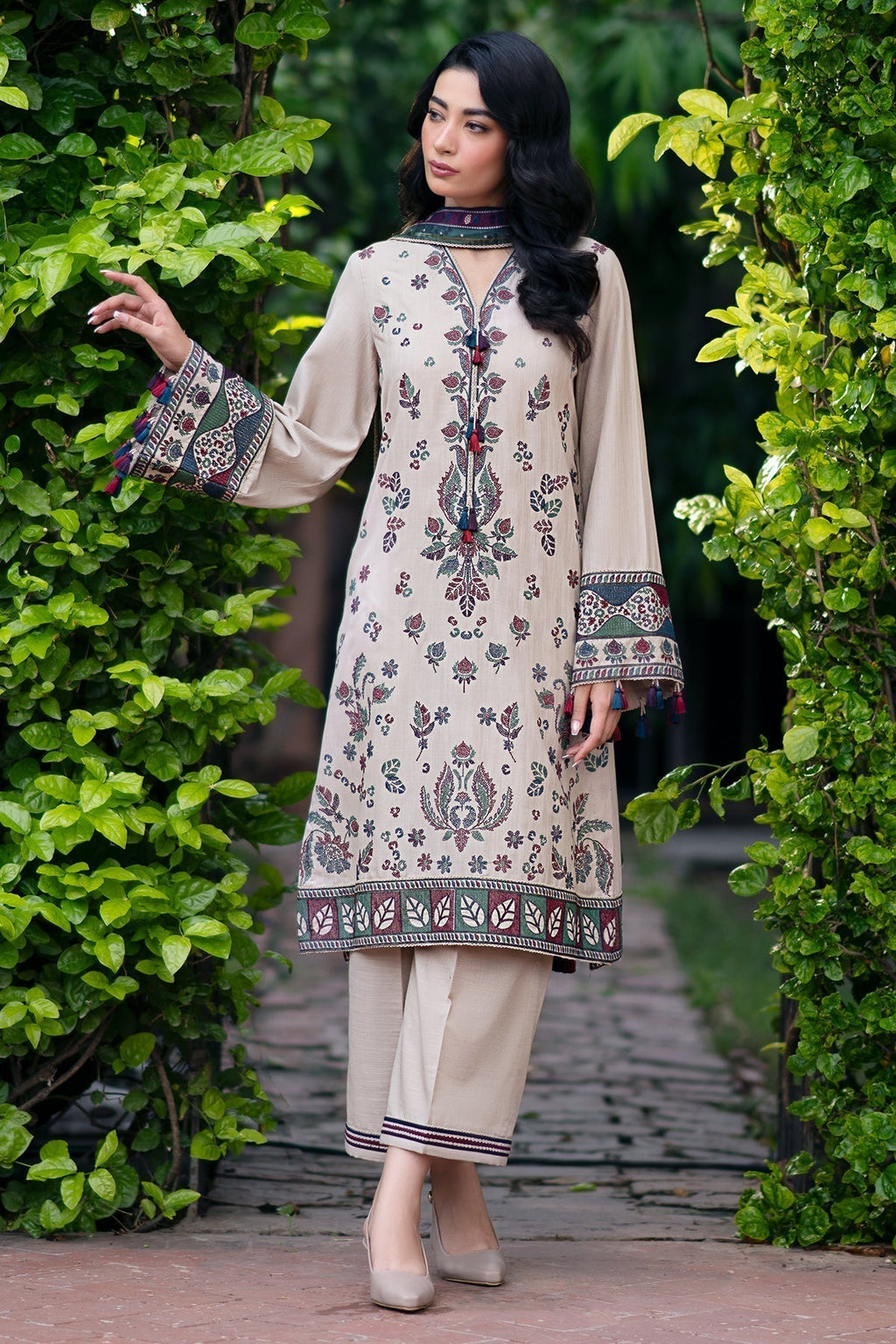 JAZMIN - 3PC DHANAK EMBROIDERED SHIRT WITH COTRAI WOOL PRINTED SHAWL AND TROUSER (Unstitched)