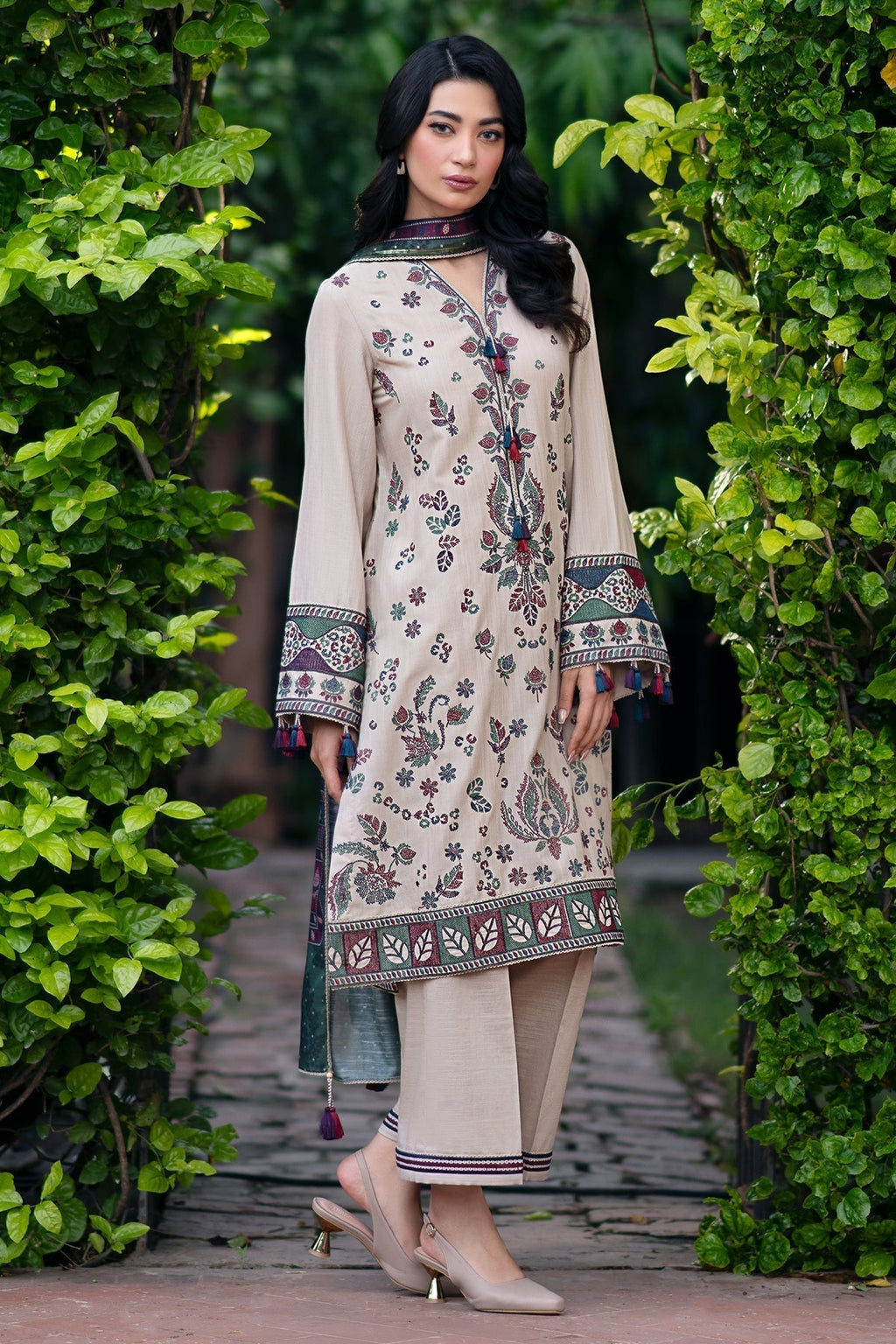 JAZMIN - 3PC DHANAK EMBROIDERED SHIRT WITH COTRAI WOOL PRINTED SHAWL AND TROUSER (Unstitched)
