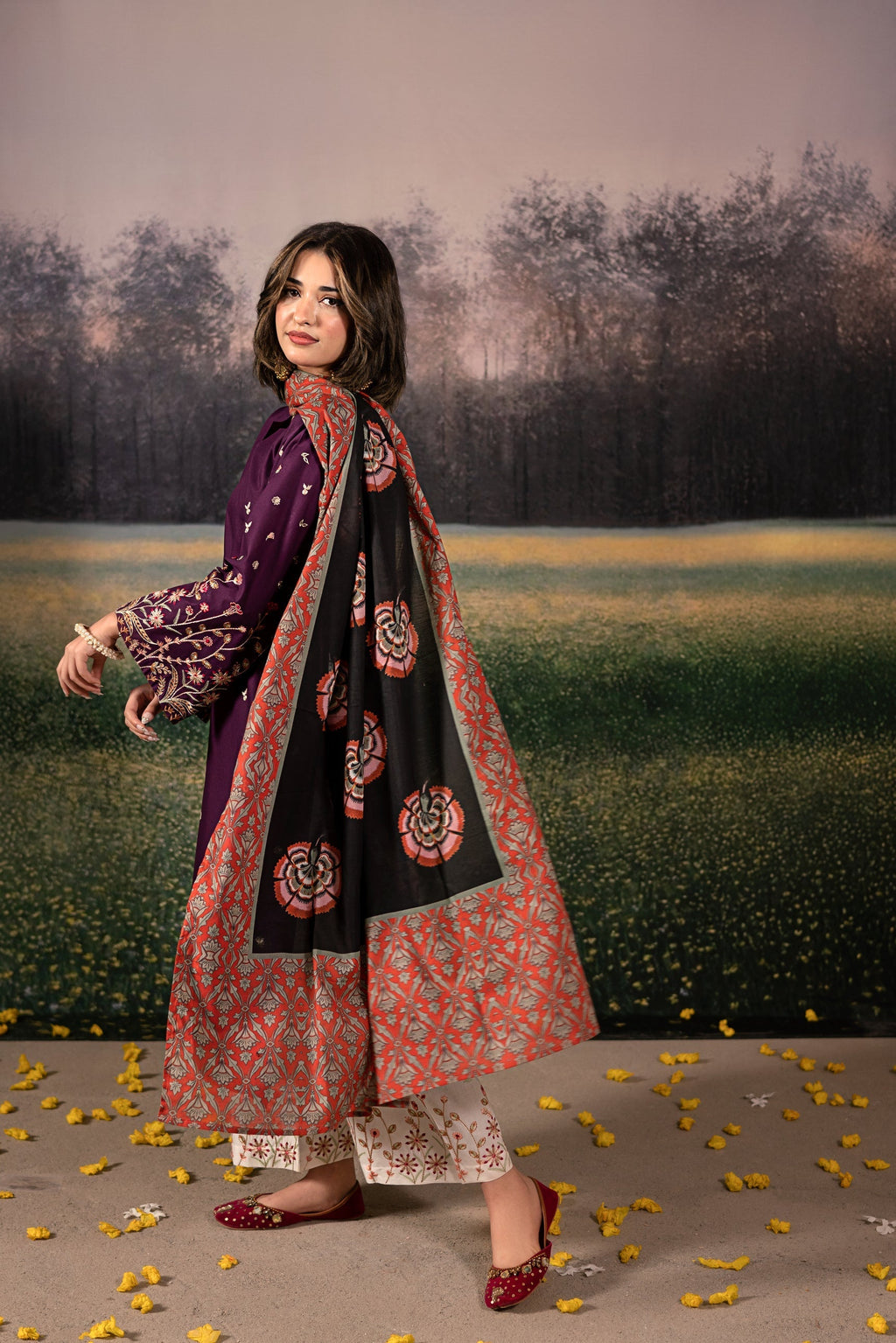 Urge - 3PC Unstitched Dhanak Embroidered Shirt with Printed Wool Shawl and Trouser