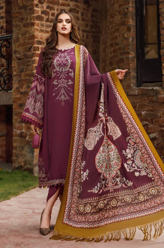 Maria B - 3PC Unstitched Dhanak Embroidered Shirt with Printed Shawl and Trouser (SYT-112)