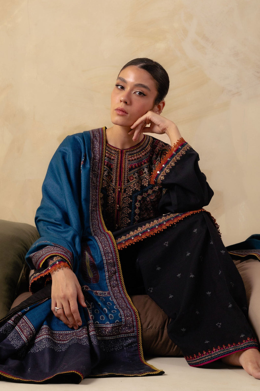 Coco by Zara Shahjahan - 3PC Unstitched Dhanak Embroidered Shirt with Printed Wool Shawl and Trouser