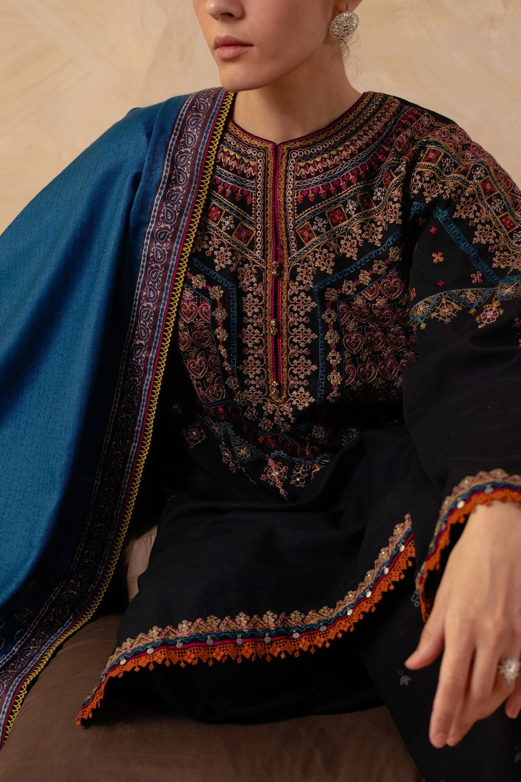 Coco by Zara Shahjahan - 3PC Unstitched Dhanak Embroidered Shirt with Printed Wool Shawl and Trouser