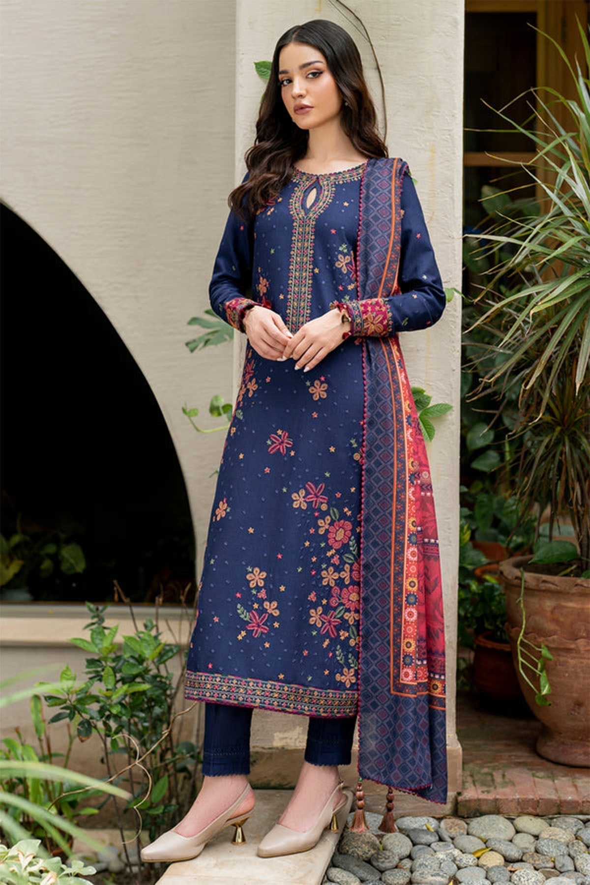 Jazmin - 3PC Unstitched Dhanak Embroidered Shirt with Printed Pashmina Wool Shawl and Trouser