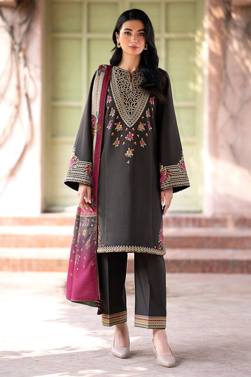 JAZMIN EMBROIDERED DHANAK 3PC WITH WHOOL SHAWAL