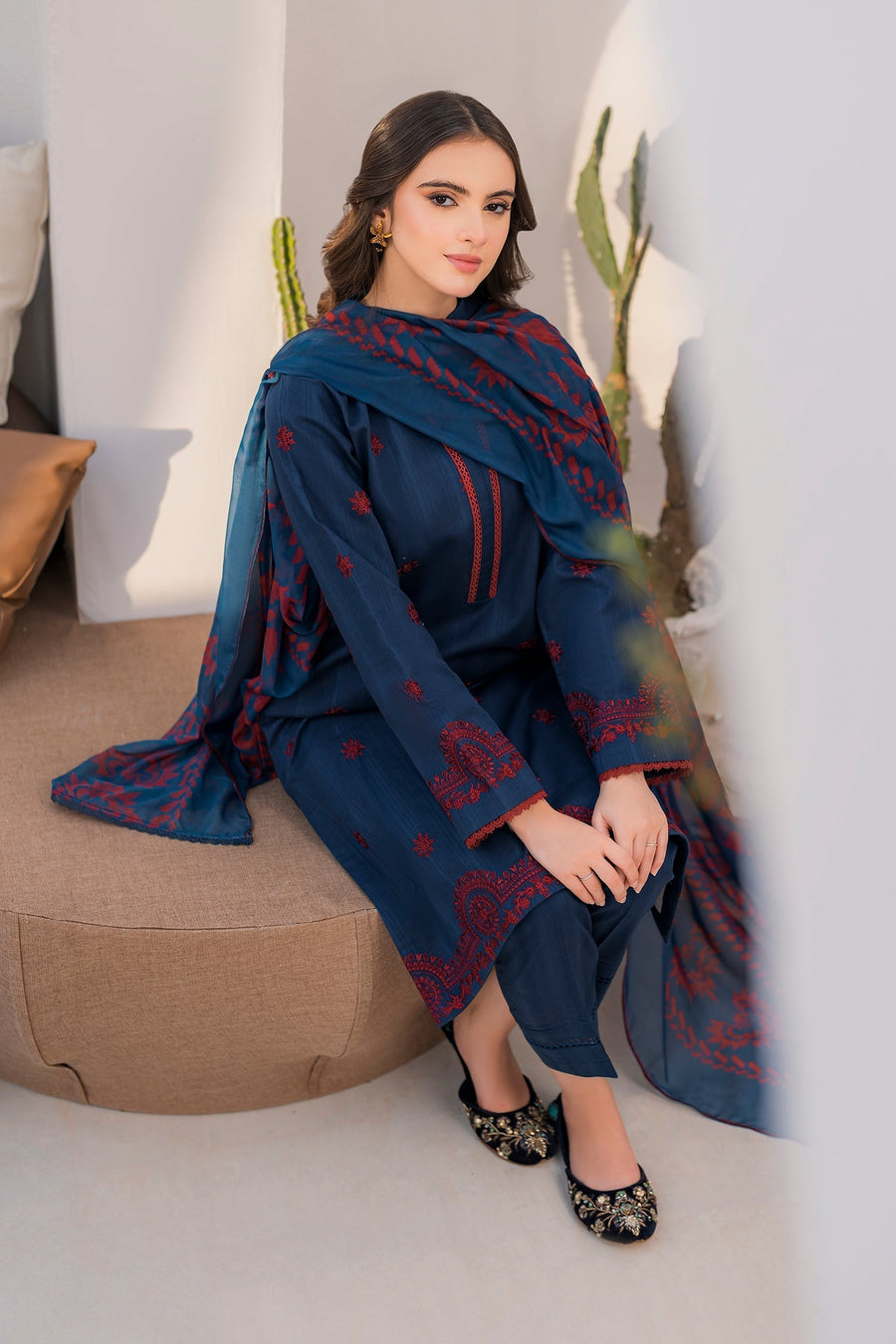 JAZMIN - 3PC DHANAK EMBROIDERED SHIRT WITH WOOL PRINTED SHAWL AND TROUSER (Unstitched)