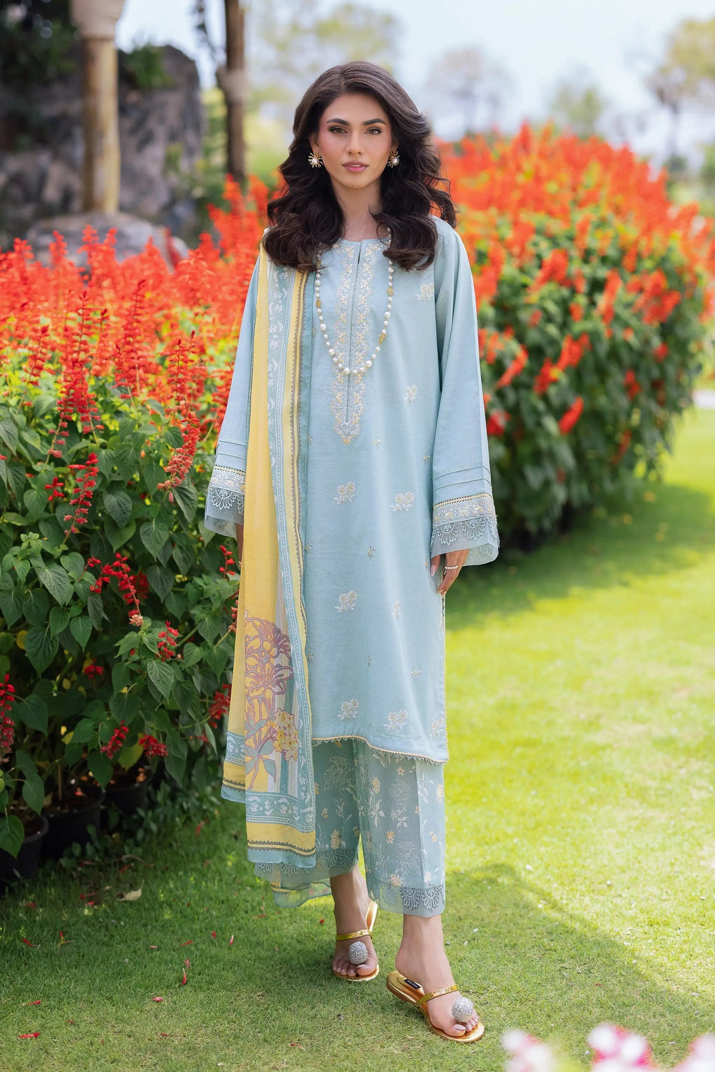 Edenrobe - 3PC Unstitched Dhanak Embroidered Shirt with Printed Wool Shawl and Embroidered Trouser