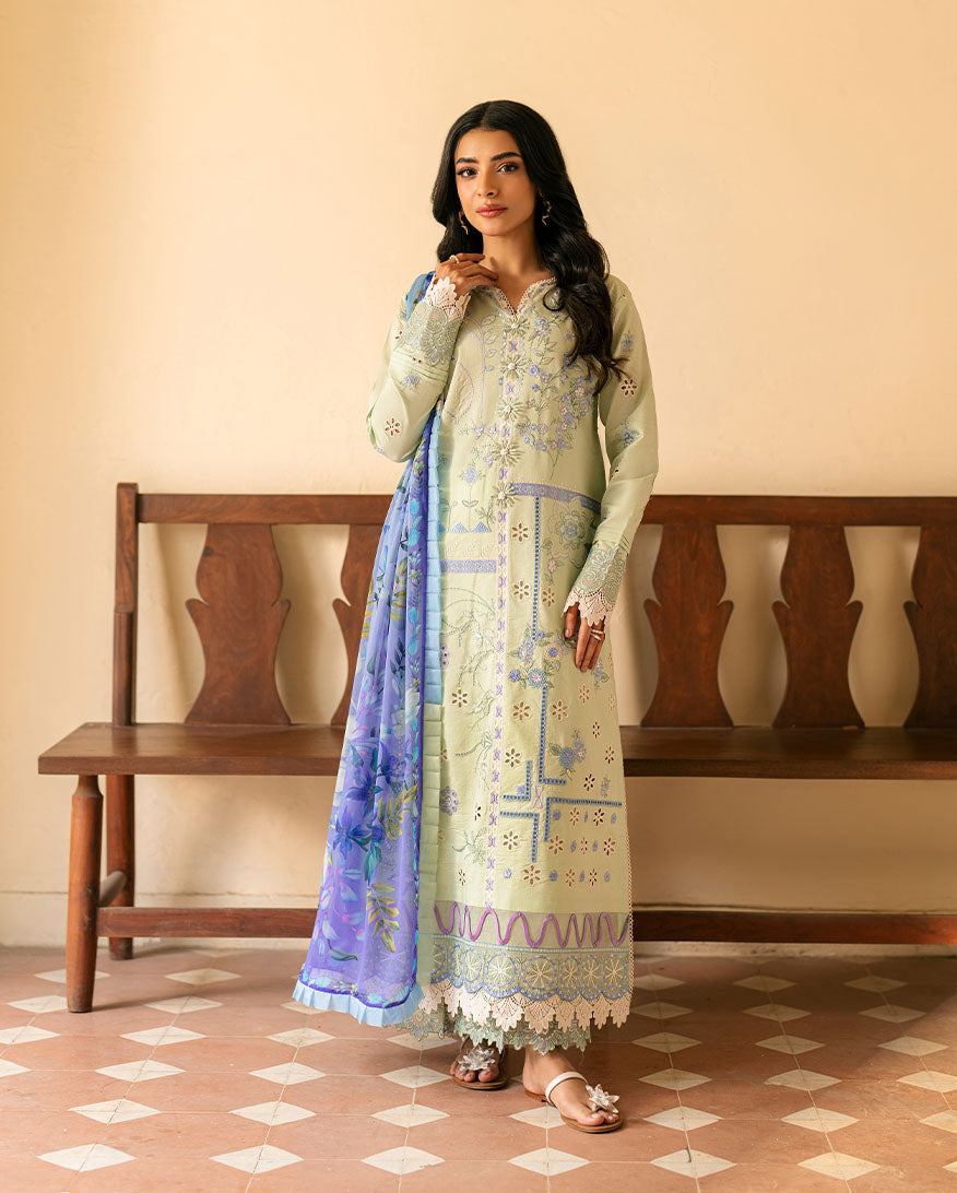 ASHIYANA BY ROHINAAZ-3PC DHANAK EMBROIDERED SHIRT WITH WOOL SHAWL & EMB TROUSER (UNSTITCHED)