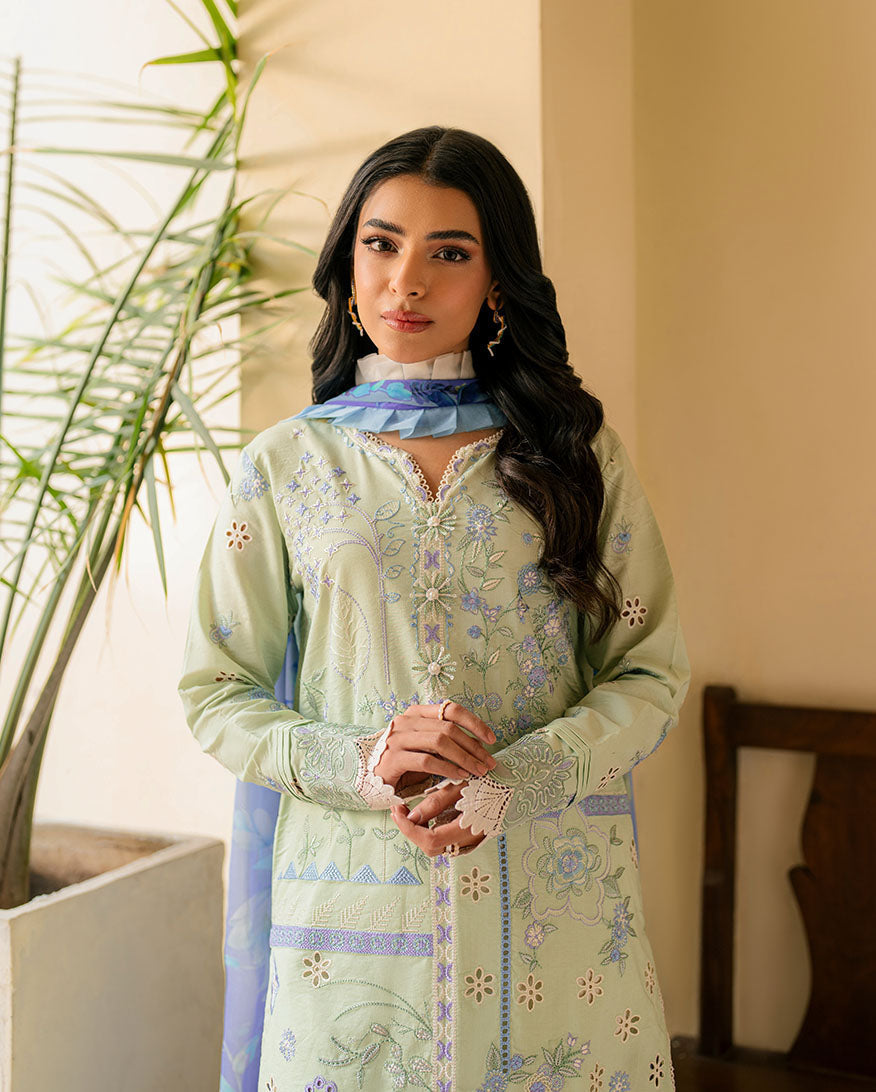 ASHIYANA BY ROHINAAZ-3PC DHANAK EMBROIDERED SHIRT WITH WOOL SHAWL & EMB TROUSER (UNSTITCHED)