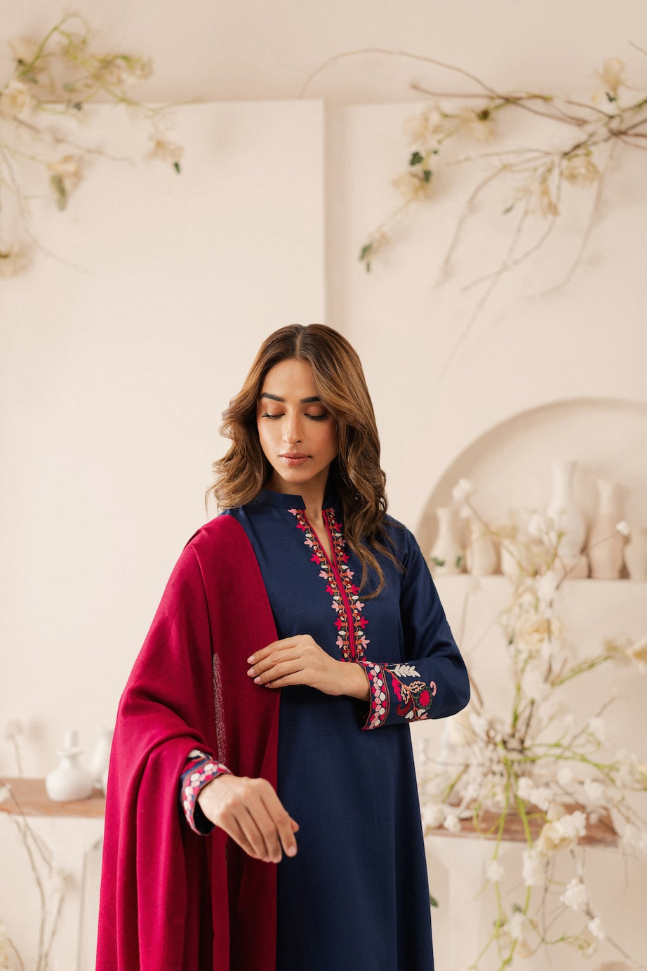 Vintage - 3PC DHANAK EMBROIDERED SHIRT WITH DHANAK SHAWL AND TROUSER (Unstitched)