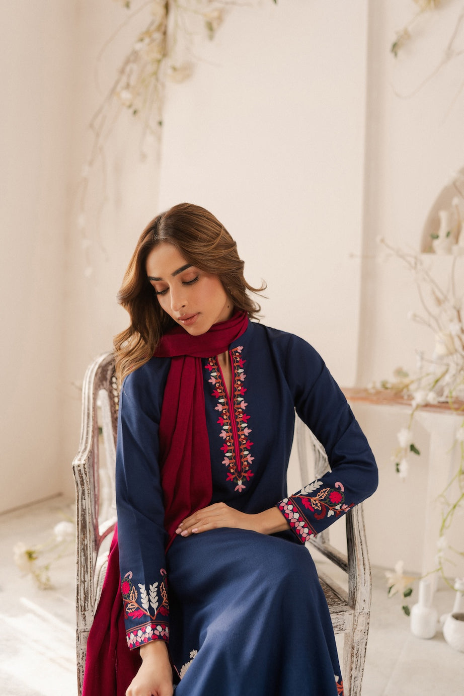 Vintage - 3PC DHANAK EMBROIDERED SHIRT WITH DHANAK SHAWL AND TROUSER (Unstitched)