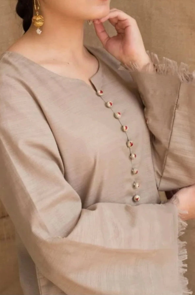 DYOT - 3PC Unstitched Dhanak Neckline Embroidered Shirt with Printed Wool Shawl and Trouser