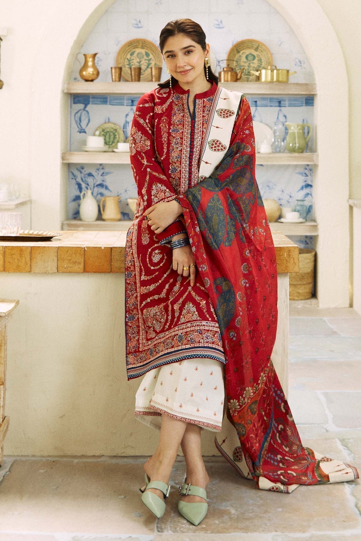 ZARA SHAJAHAN - 3PC EMBROIDERED DHANAK WITH PRINTED WOOL SHAWL