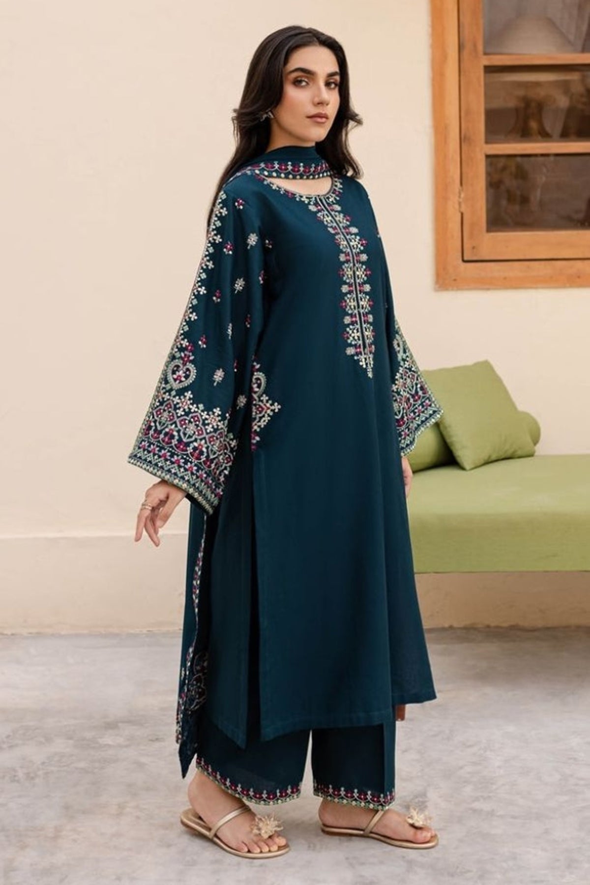 Batik - 3PC Dhanak Embroidered Shirt with Embroidered Dhanak Shawl (Unstitched)