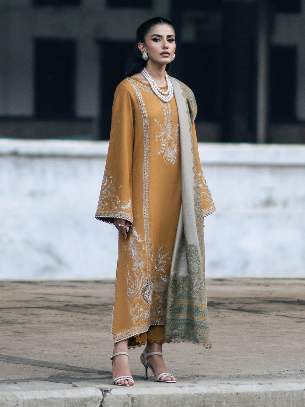 IZEL-3PC DHANAK EMBROIDERED SHIRT WITH COUTRAI PRINTED SHAWL & TROUSER (SYT-126)