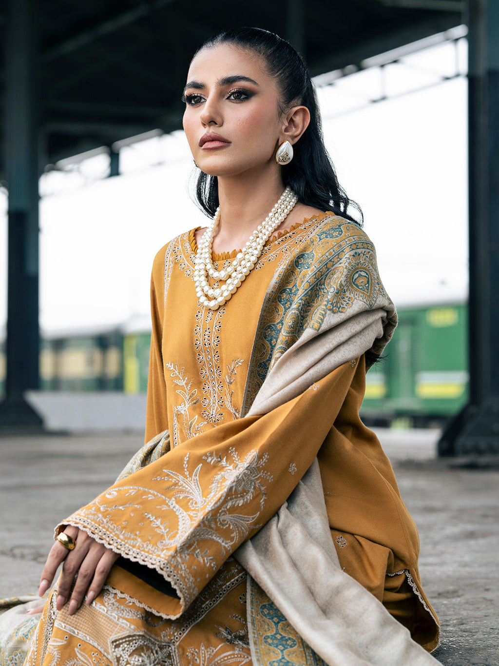 IZEL-3PC DHANAK EMBROIDERED SHIRT WITH COUTRAI PRINTED SHAWL & TROUSER (SYT-126)