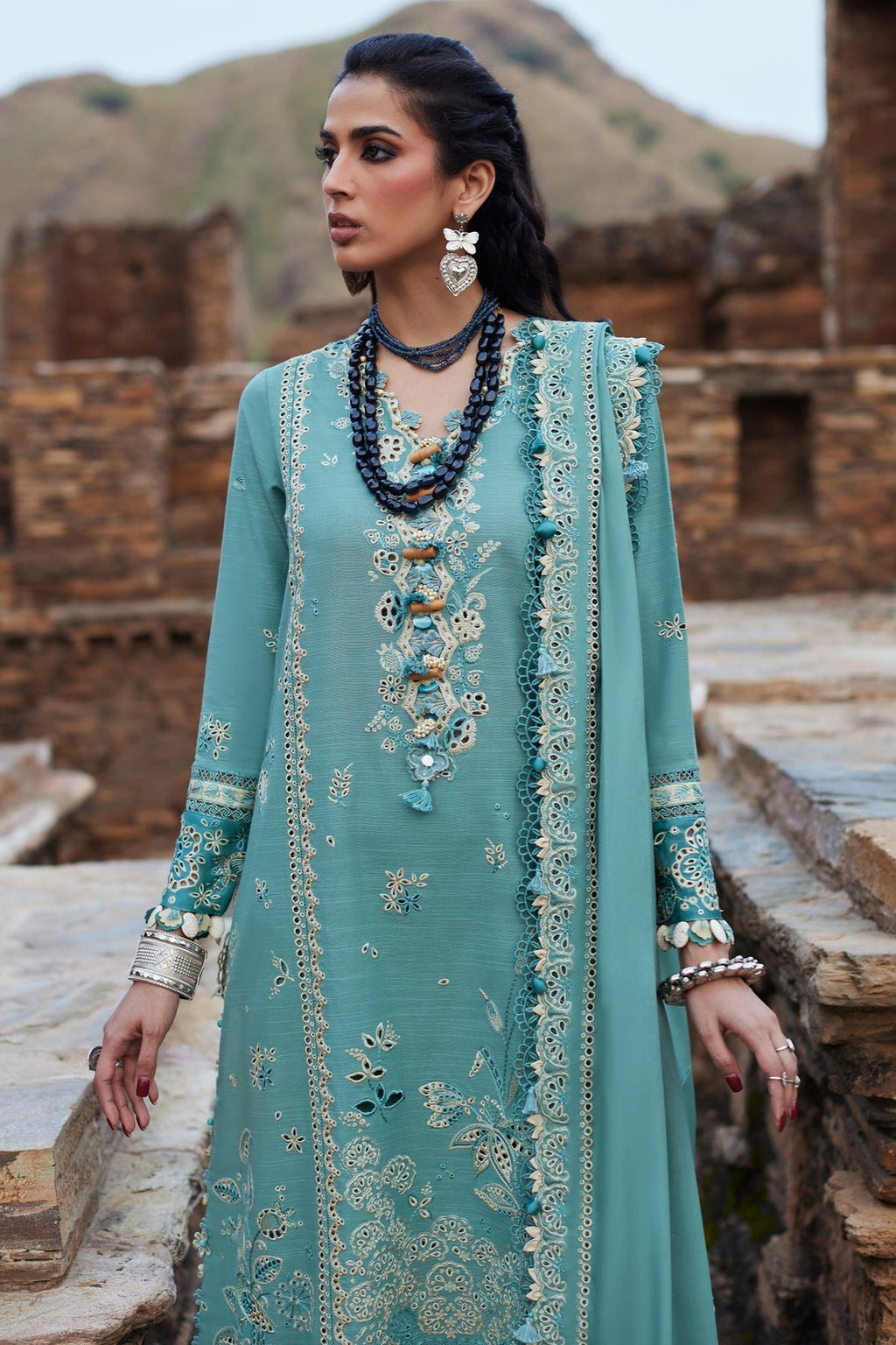 ELAN-3PC DHANAK CHIKAN EMBROIDERED SHIRT WITH DHANAK EMBROIDRED SHAWL & TROUSER (SYT-128)