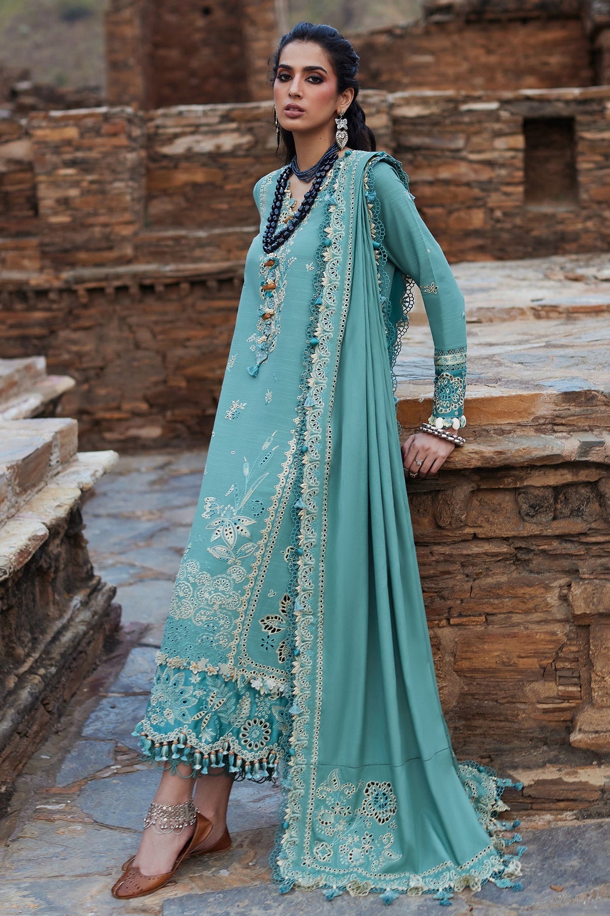 ELAN-3PC DHANAK CHIKAN EMBROIDERED SHIRT WITH DHANAK EMBROIDRED SHAWL & TROUSER (SYT-128)
