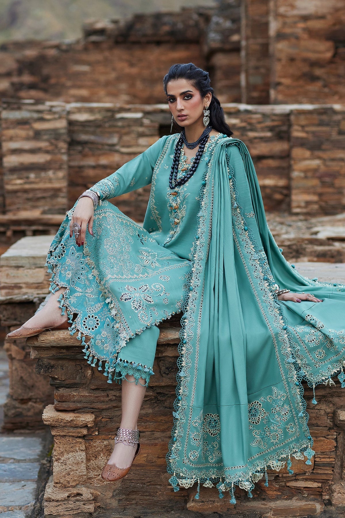 ELAN-3PC DHANAK CHIKAN EMBROIDERED SHIRT WITH DHANAK EMBROIDRED SHAWL & TROUSER (SYT-128)