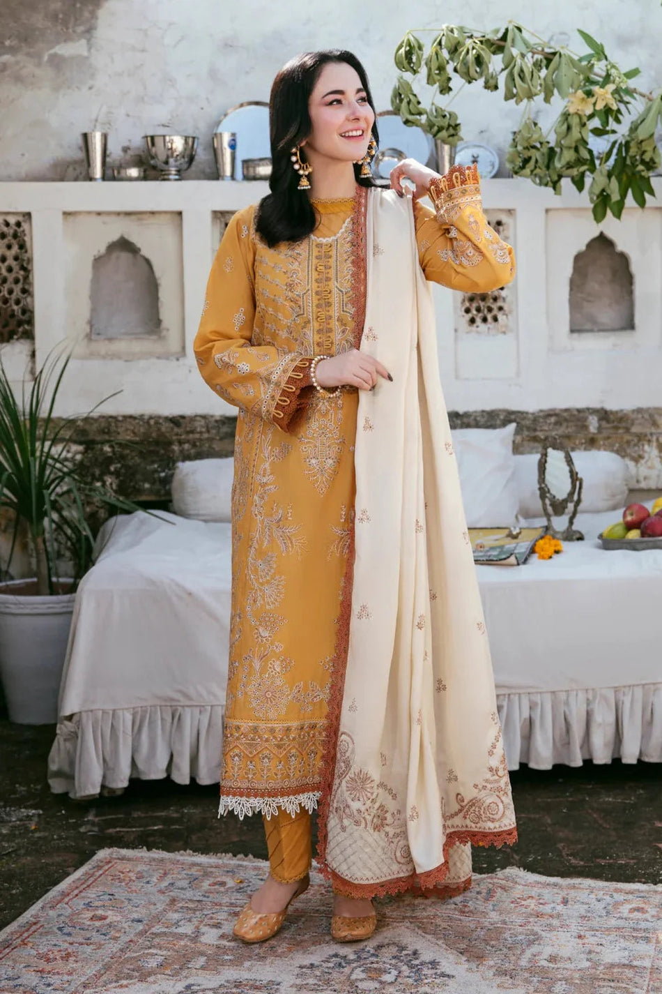 FLORENT - 3PC DHANAK EMBROIDERED SHIRT WITH DHANAK EMBROIDERED SHAWL AND TROUSER (SYT-132)