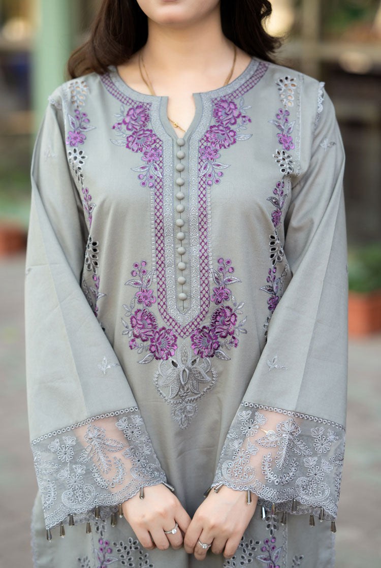 LIBAAS-3PC DHANAK EMBROIDERED SHIRT WITH CHIFFON EMBROIDERED DUPATTA AND TROUSER (SYT-135)