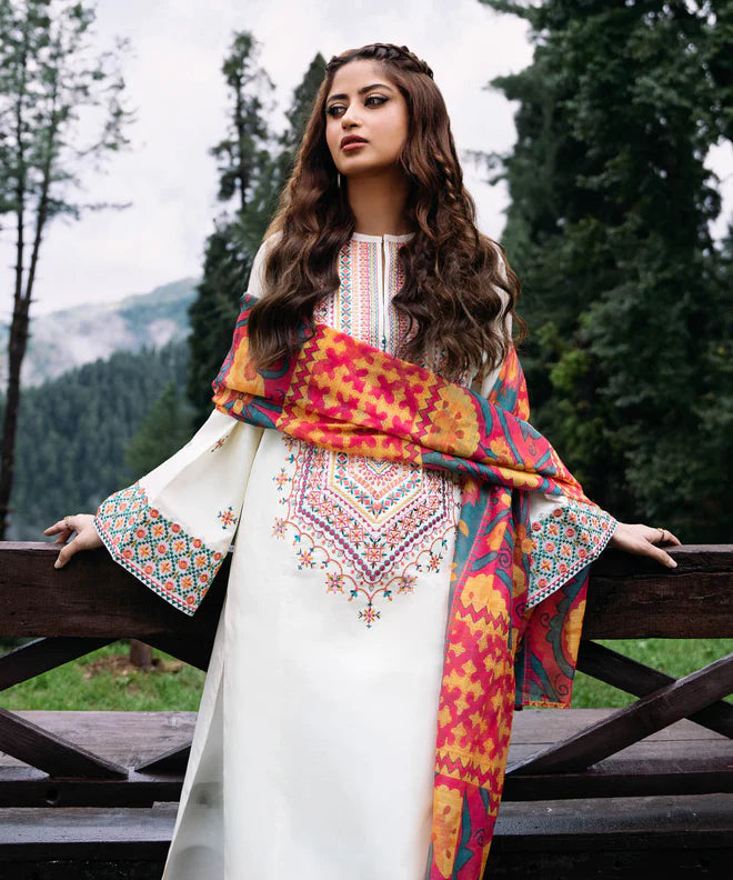 Sapphire - 3 PC Unstitched Khaddar Embroidered Shirt with Printed Pashmina Twin Shawl and Trouser (SYT-142)