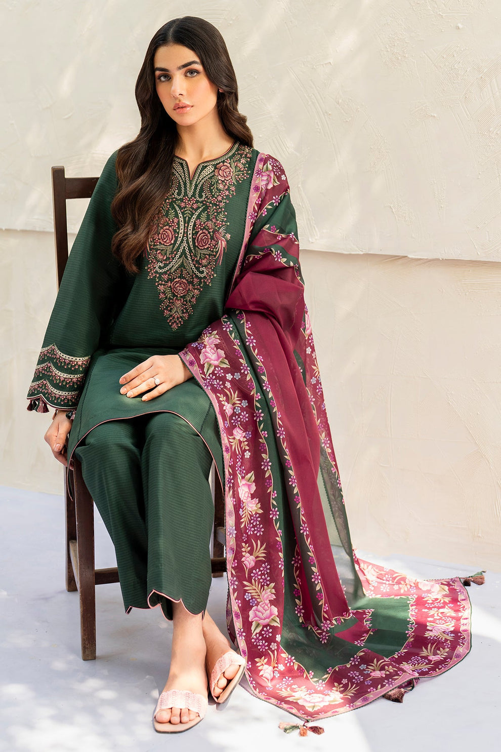 JAZMIN WINTER - UNSTITCHED DHANAK EMBROIDERED 3PC WITH COTRAI PRINTED SHAWL (SYT-147)