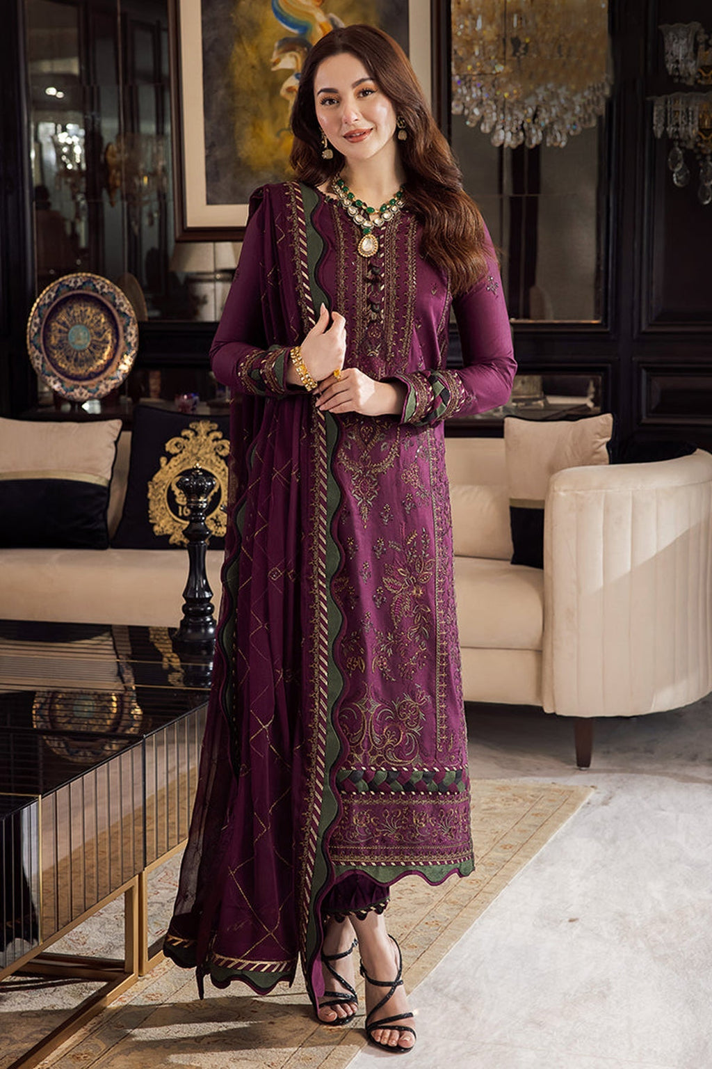 ASIM JOFA-3PC DHANAK EMBROIDERED SHIRT WITH DHANAK EMBROIDERED SHAWL & DHANAK TOUSER (SYT-150)